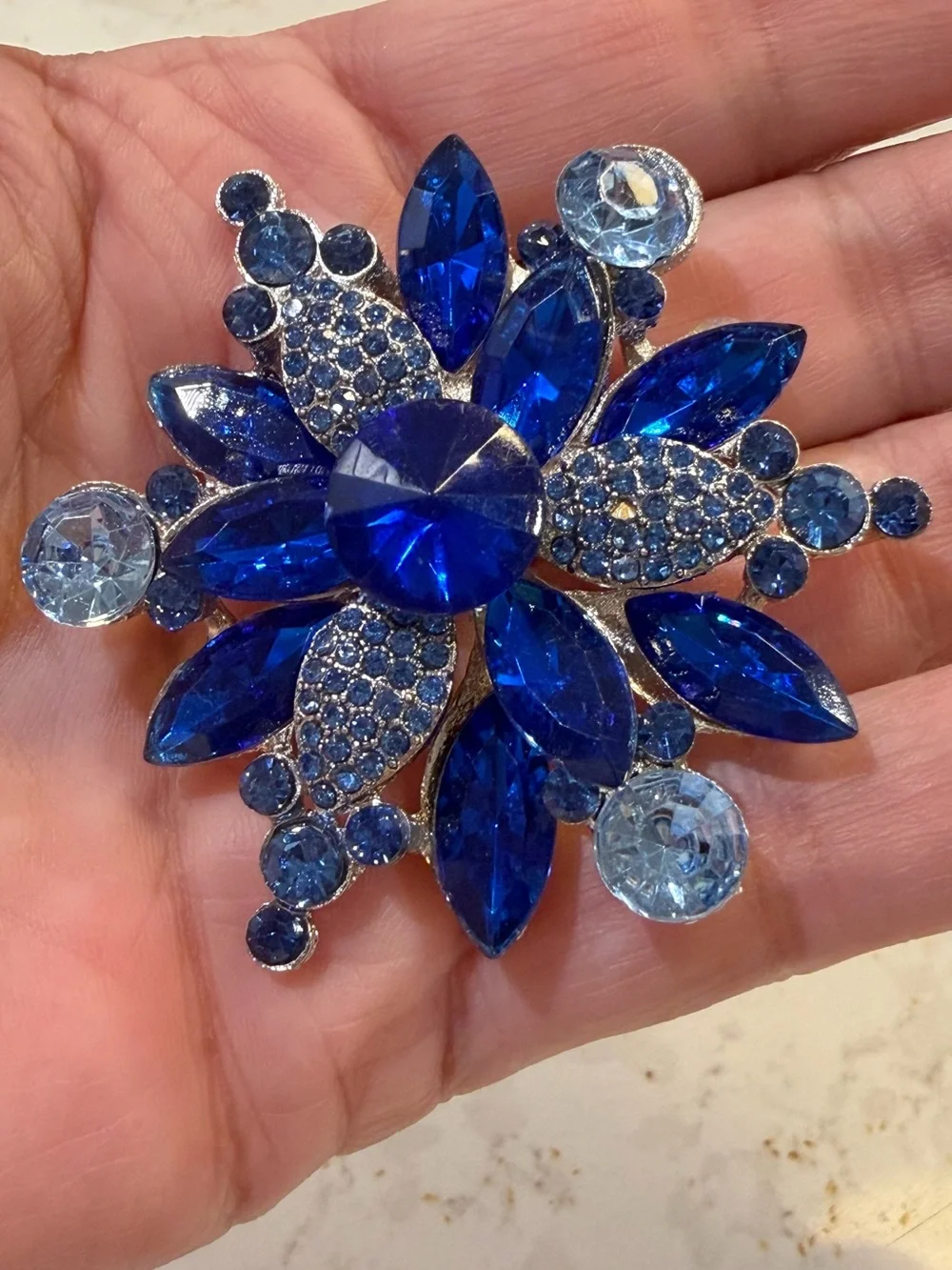 Large Royal Blue Rhinestone Flower Brooch Pin Faux Sapphire Statement Starburst